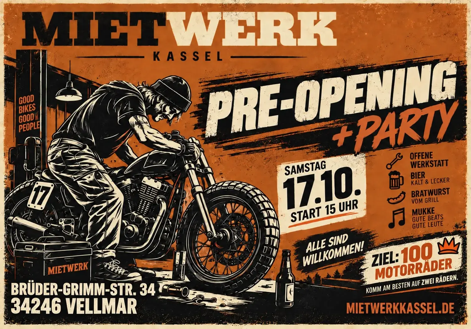 Pre-Opening-Party bei Mietwerk am Samstag, 17. Oktober 2026, ab 15 Uhr, Brüder-Grimm-Straße 34, 34246 Vellmar. Offene Werkstatt, Bier, Bratwurst, Musik.